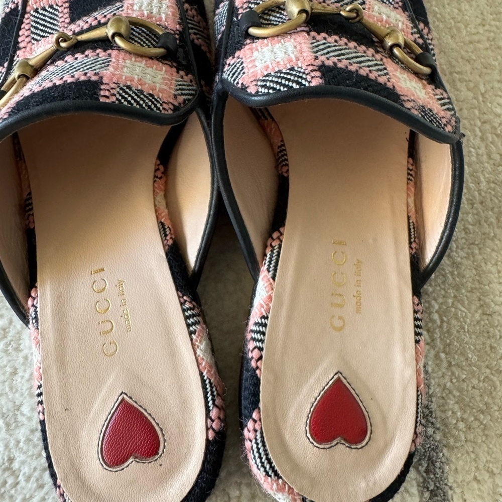 Gucci Princetown Pink and Black Plaid mules with Gold Detail - Picture 2 of 6